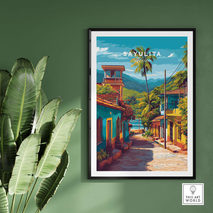 Sayulita Poster | Mexican Travel Wall Art showcasing a vibrant street scene in Sayulita, Mexico with lush greenery.