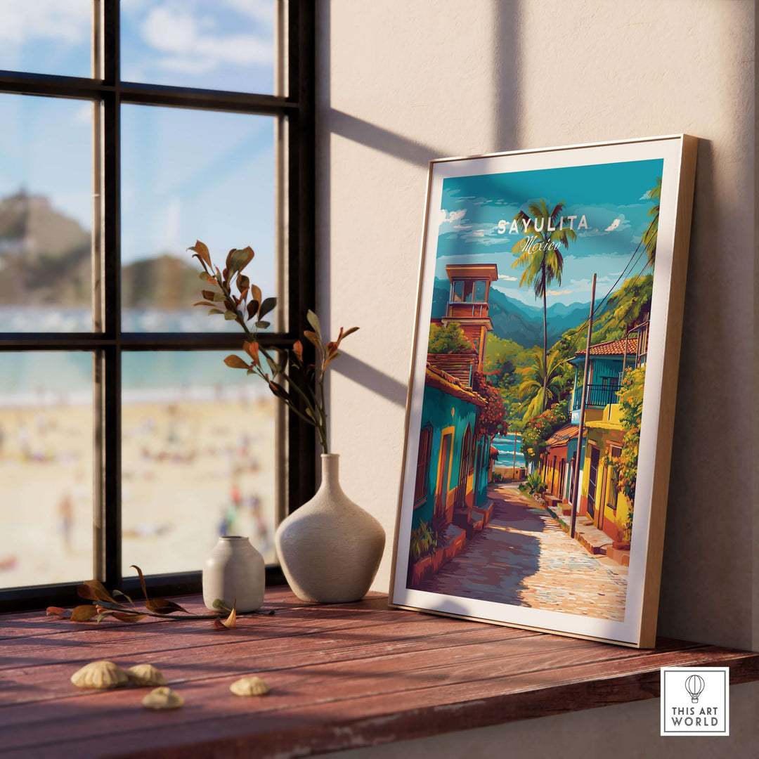 Sayulita Poster | Mexican Travel Wall Art displayed in a bright room with coastal view and decorative elements.