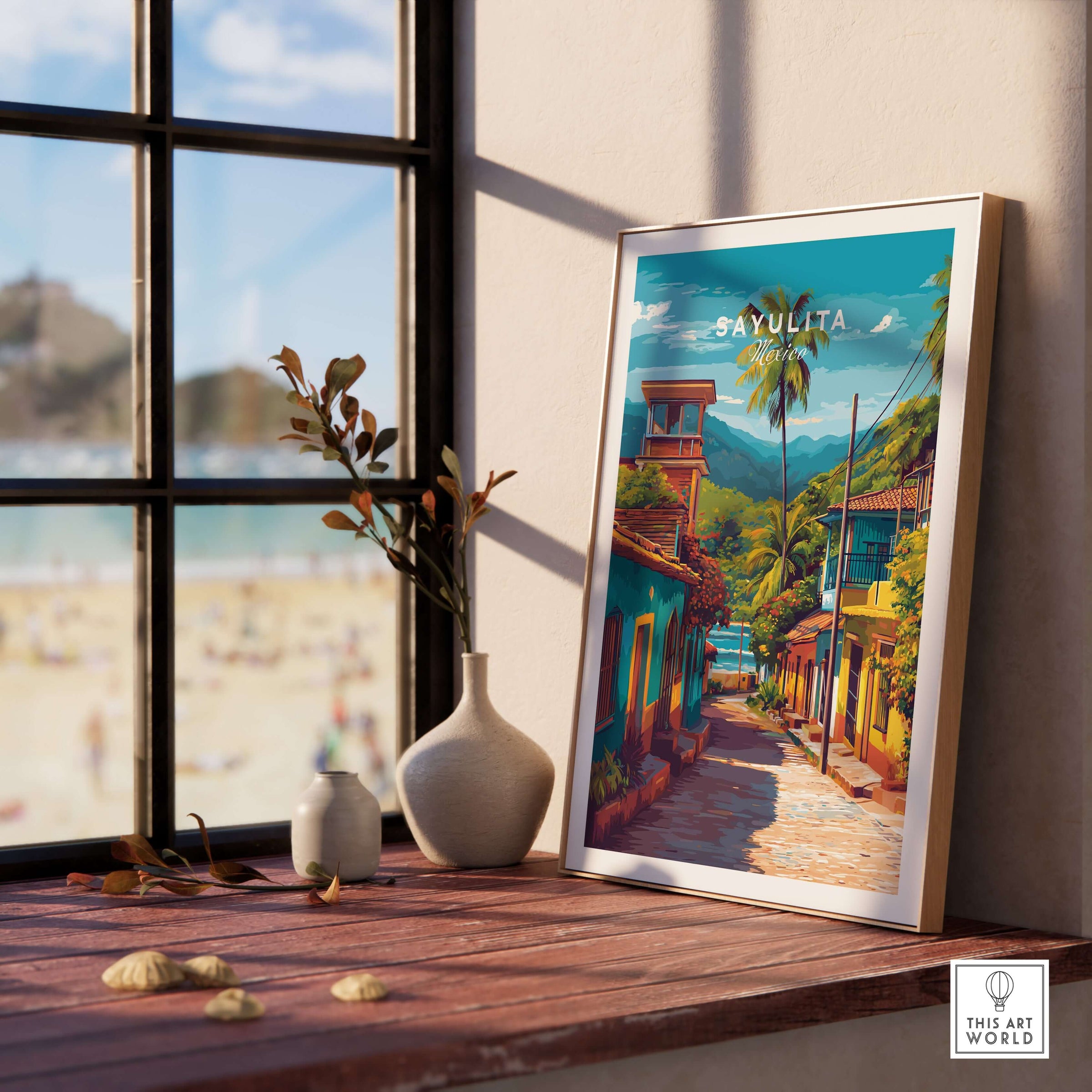 Sayulita Poster | Mexican Travel Wall Art displayed in a sunny room with a beach view.