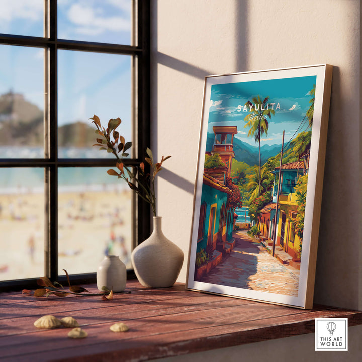 Sayulita Poster | Mexican Travel Wall Art displayed in a bright room with coastal view and decorative elements.