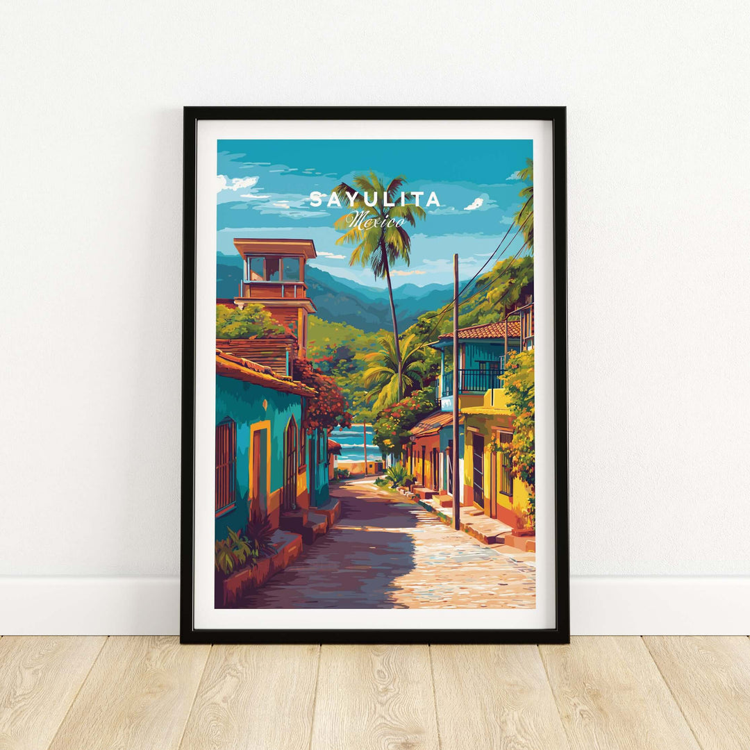 Sayulita Poster | Mexican Travel Wall Art featuring colorful streets and palm trees in a charming Mexican coastal town.