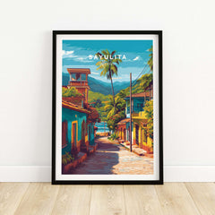 Sayulita Poster | Mexican Travel Wall Art featuring vibrant street scene and coastal charm of Sayulita.