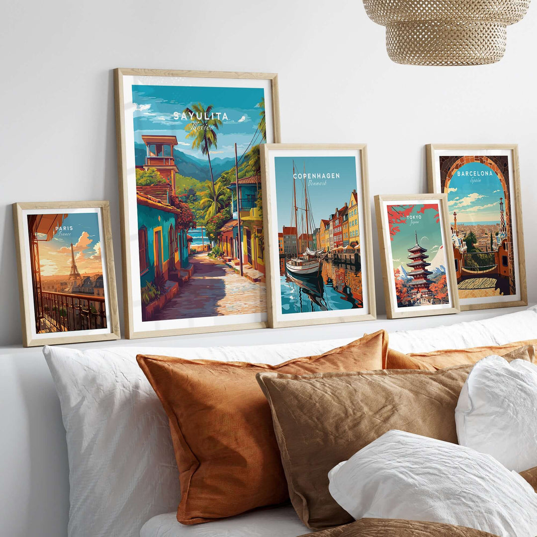 Sayulita Poster | Mexican Travel Wall Art displayed among other travel posters in a stylish interior setting.
