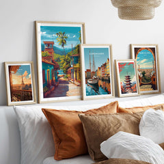 Sayulita Poster | Mexican Travel Wall Art displayed among other travel posters in a cozy home setting