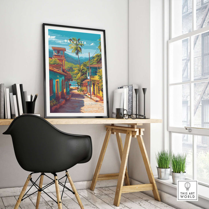 Sayulita Poster | Mexican Travel Wall Art displayed in a bright, modern workspace with stylish decor.