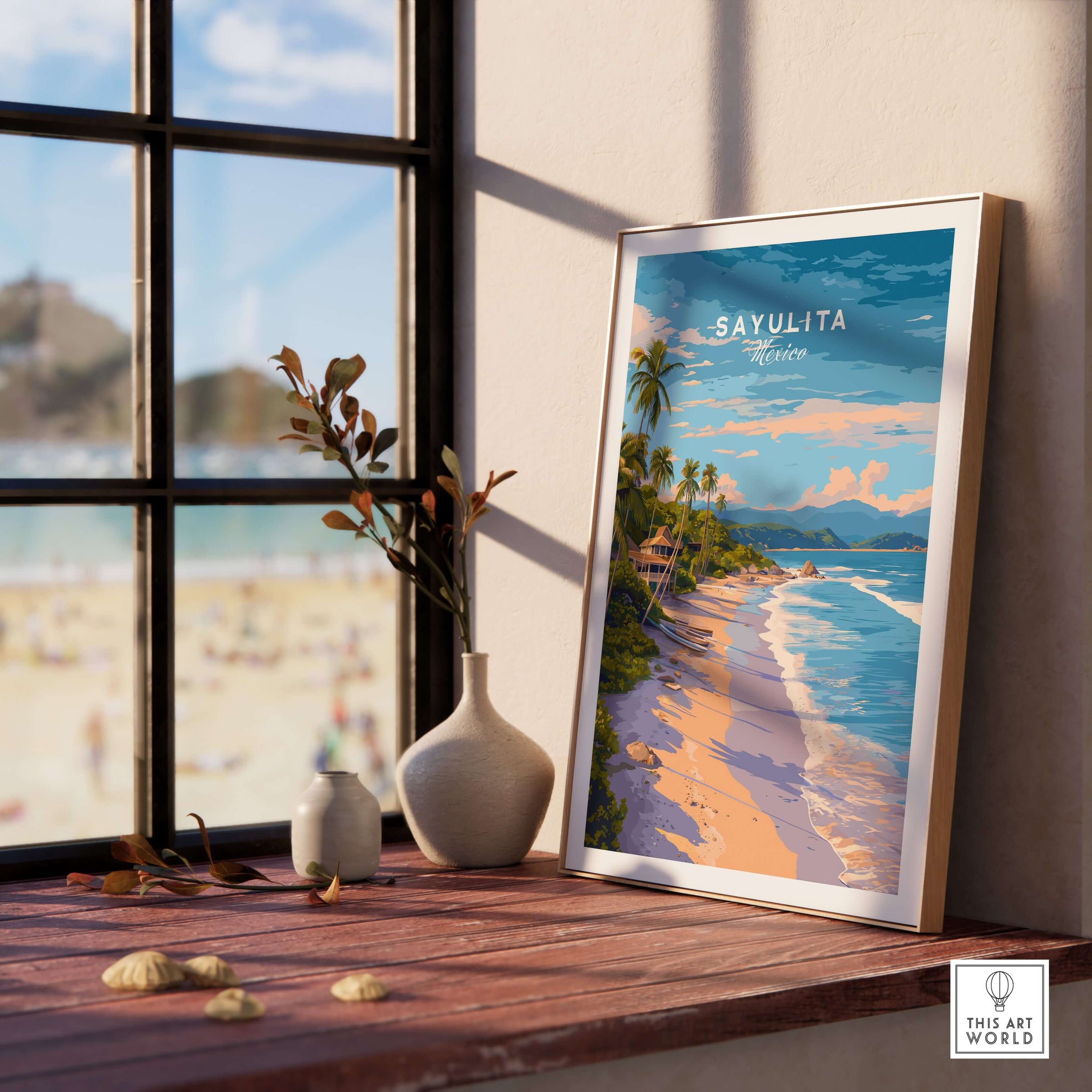 Sayulita Print | Coastal Home Wall Art displayed by a sunlit window, embodying beach vibes and vibrant colors.