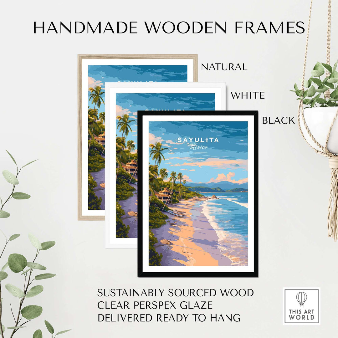 Sayulita Print | Coastal Home Wall Art in handmade wooden frames, showcasing natural, white, and black options.