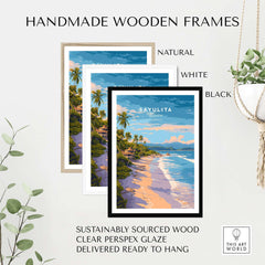 Sayulita Print | Coastal Home Wall Art displayed in handmade wooden frames in natural, white, and black finishes.