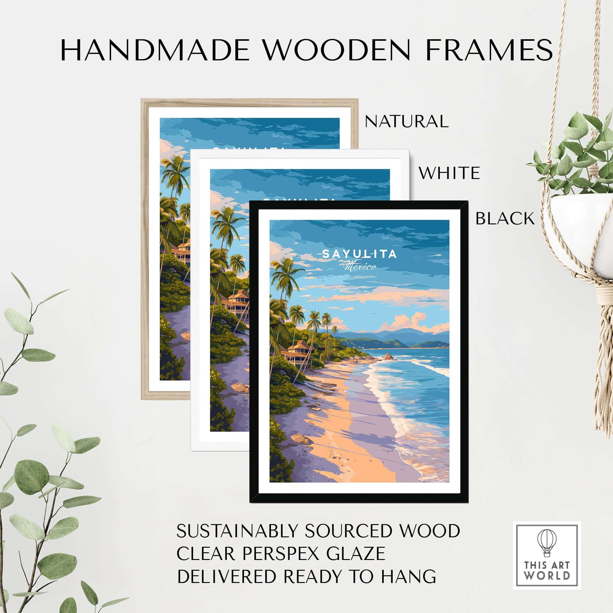 Sayulita Print | Coastal Home Wall Art displayed in handmade wooden frames in natural, white, and black finishes.