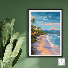 Sayulita Print | Coastal Home Wall Art showcasing a tropical beach scene with vibrant colors and palm trees.