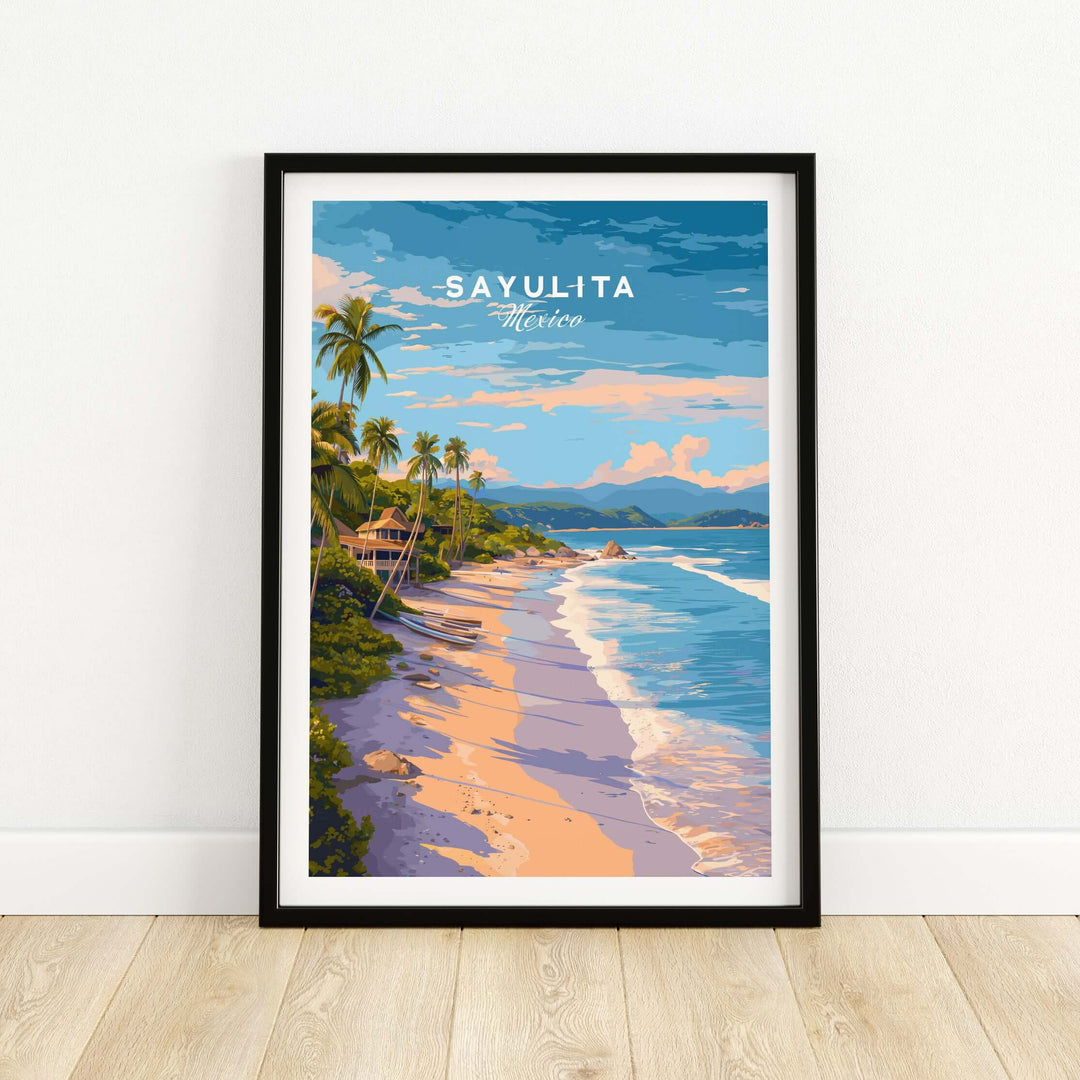 Sayulita Print | Coastal Home Wall Art featuring a vibrant beach scene in Mexico with palm trees and ocean waves.