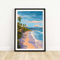 Sayulita Print | Coastal Home Wall Art featuring a beautiful beach scene with palm trees and ocean waves.