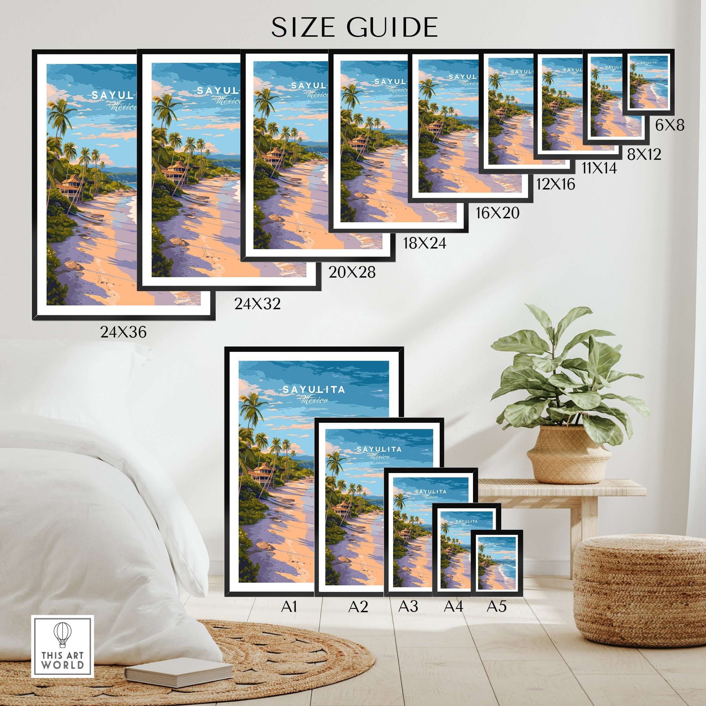 Sayulita Print | Coastal Home Wall Art size guide showcasing various frame dimensions and vibrant coastal artwork.
