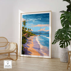 Sayulita Print | Coastal Home Wall Art showcasing a vibrant beach scene with palms and ocean waves.
