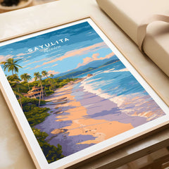 Sayulita Print | Coastal Home Wall Art showcasing a vibrant beach scene in Mexico with palm trees and waves.