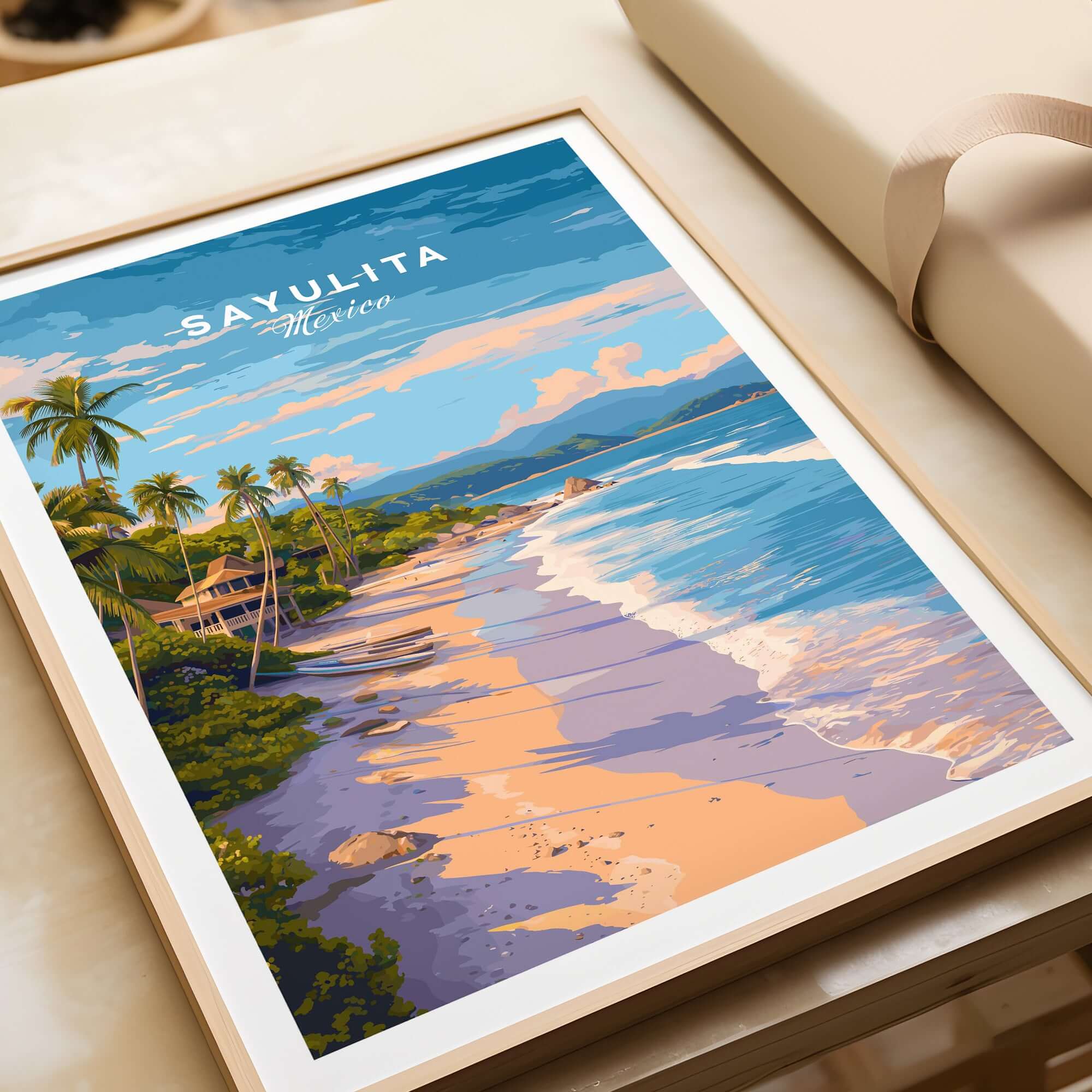 Sayulita Print | Coastal Home Wall Art showcasing a vibrant beach scene in Mexico with palm trees and waves.
