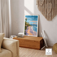 Sayulita Print | Coastal Home Wall Art displayed in a chic living room, showcasing vibrant beach colors and coastal charm.