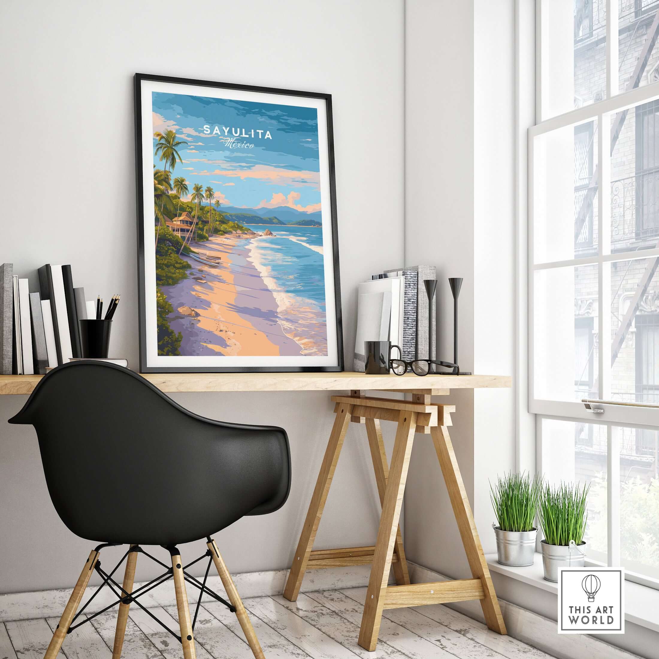 Sayulita Print | Coastal Home Wall Art displayed in a modern workspace with beach scene and vibrant colors.