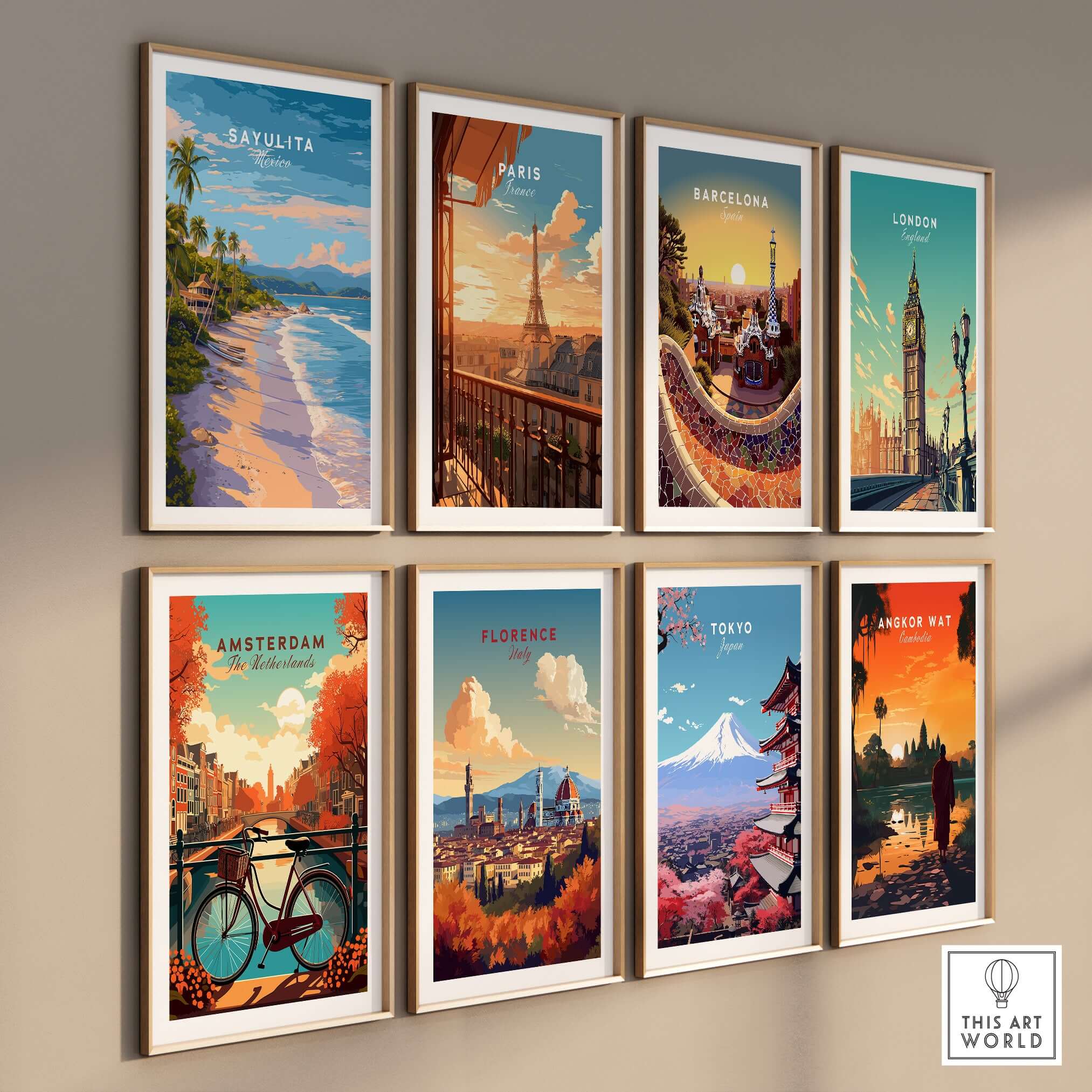 Sayulita Print | Coastal Home Wall Art displayed among global city prints, featuring vibrant coastal scenery and colors.