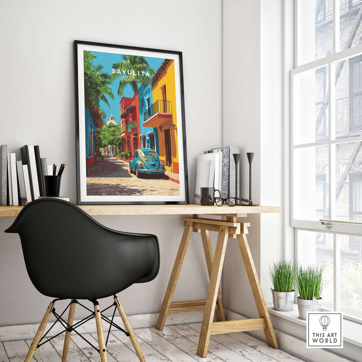 Sayulita Print | Mexican Town Wall Decor showcasing vibrant streets and colorful buildings in a modern home office setting.