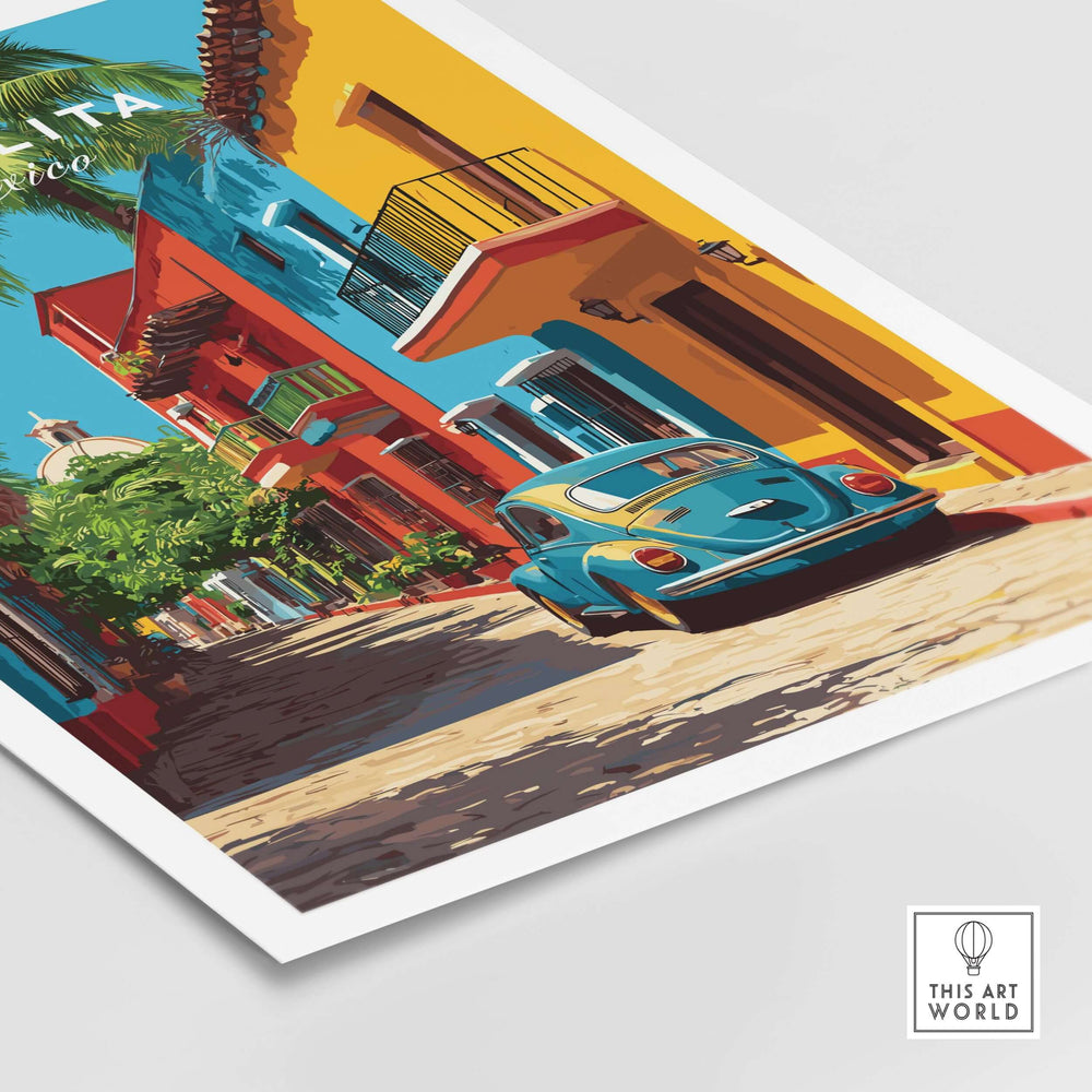 Sayulita Print | Mexican Town Wall Decor featuring vibrant streets and a classic blue car in a colorful setting.