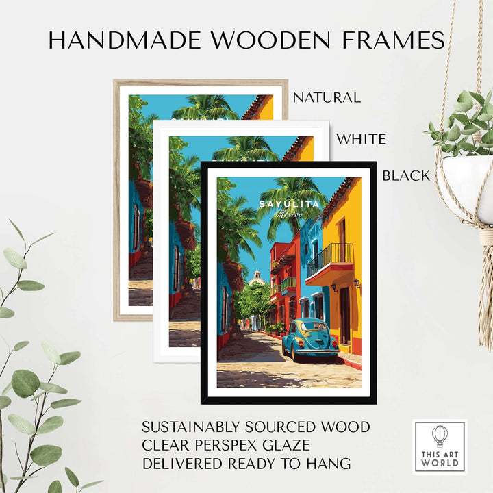 Sayulita Print | Mexican Town Wall Decor in handmade wooden frames, showcasing vibrant colors and festive design.