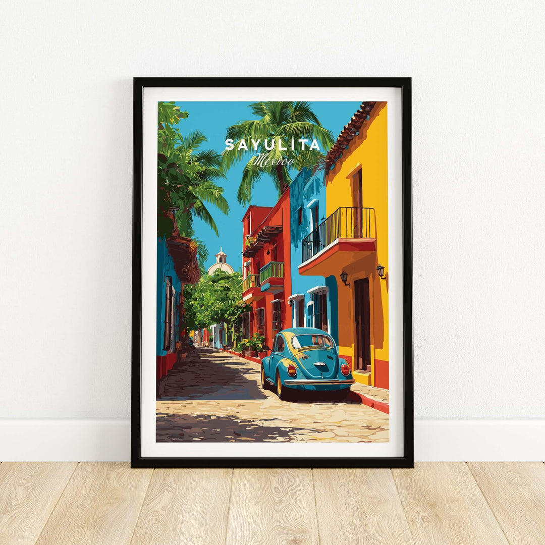 Sayulita Print | Mexican Town Wall Decor featuring vibrant streets and a blue car in a colorful traditional setting.