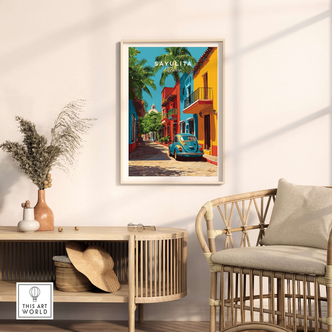 Sayulita Print | Mexican Town Wall Decor featuring colorful buildings and a vintage car in a vibrant street scene.