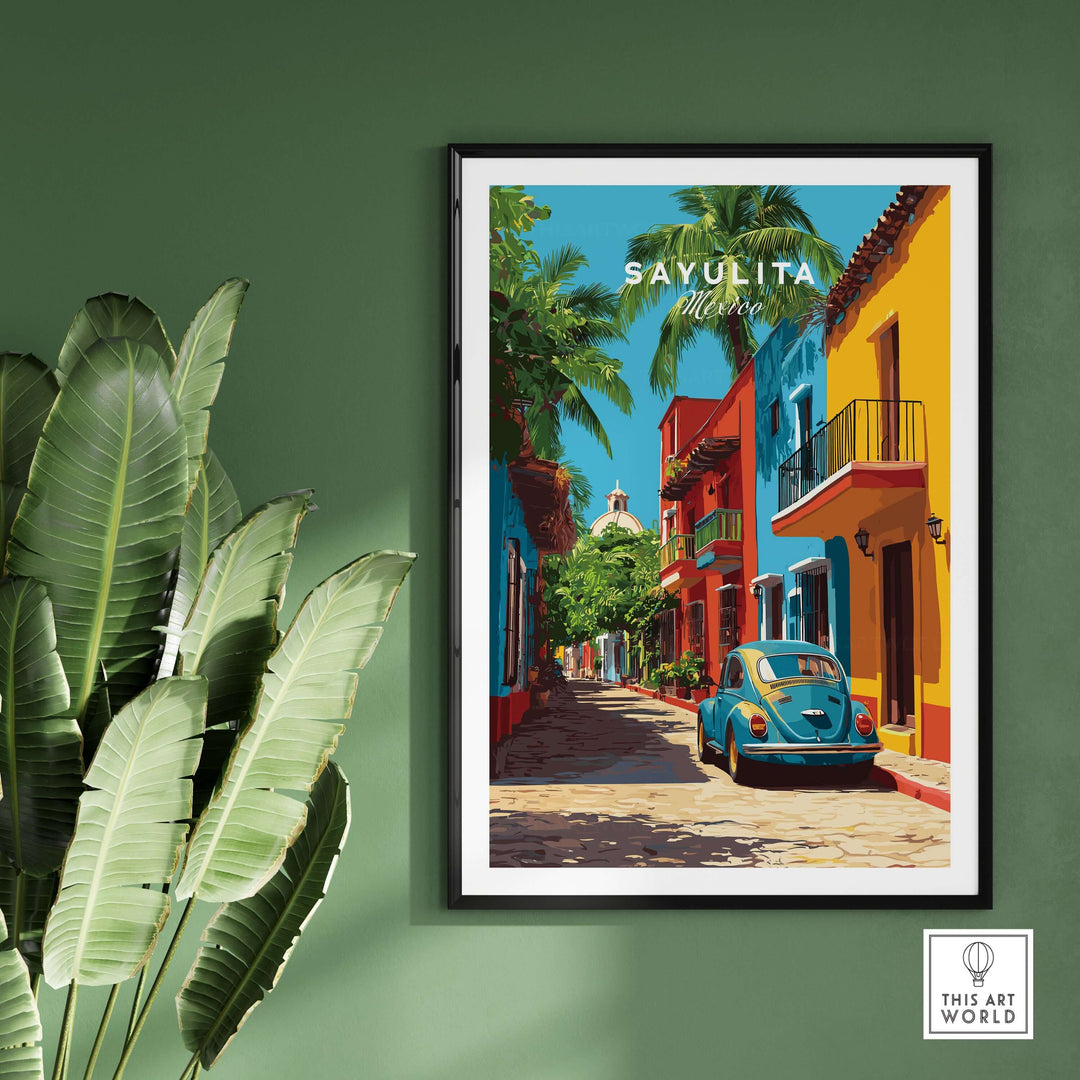 Sayulita Print | Mexican Town Wall Decor showcasing vibrant streets and colorful buildings in a charming setting.