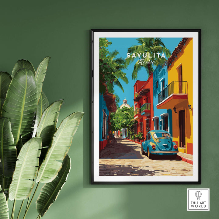 Sayulita Print | Mexican Town Wall Decor showcasing vibrant streets and colorful buildings in a charming setting.