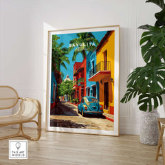 Sayulita Print | Mexican Town Wall Decor featuring vibrant street scene in a colorful Mexican town.