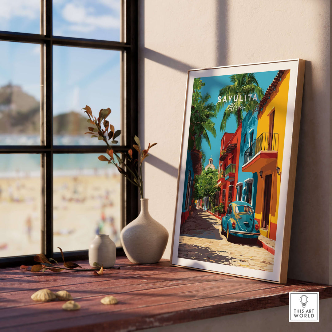 Sayulita Print | Mexican Town Wall Decor showcasing vibrant street scene with colorful buildings and a vintage car.