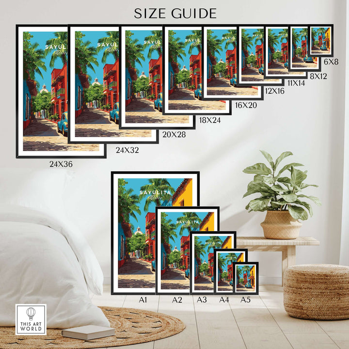 Sayulita Print | Mexican Town Wall Decor size guide showcasing various frame options for vibrant wall decor.