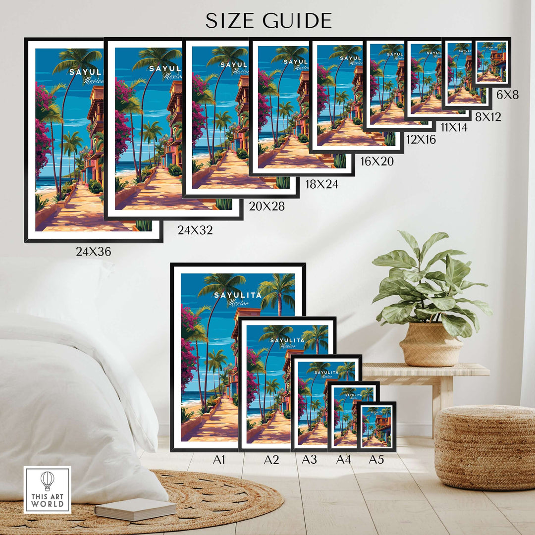 Sayulita Print | Vibrant Mexican Wall Decor size guide showcasing various frame sizes on a stylish interior backdrop.
