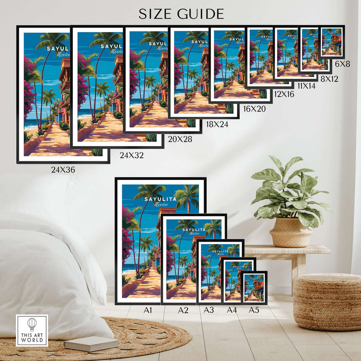 Sayulita Print | Vibrant Mexican Wall Decor size guide showcasing various frame sizes on a stylish interior backdrop.