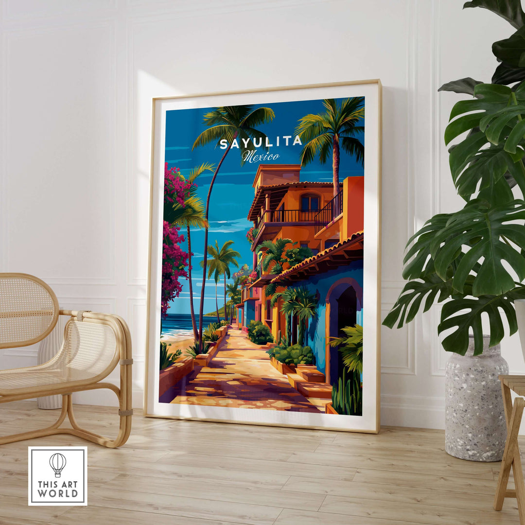 Sayulita Print | Vibrant Mexican Wall Decor showcasing colorful buildings and lush greenery by the beach in a stylish interior.