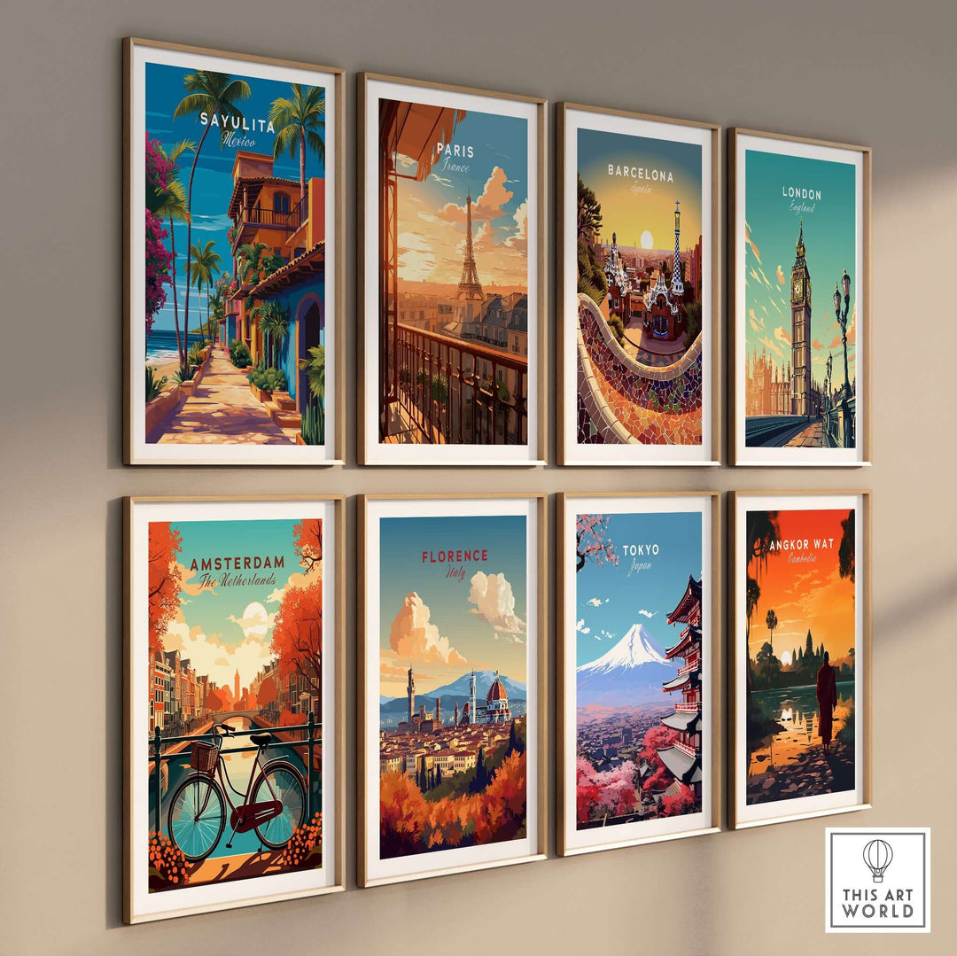 Sayulita Print | Vibrant Mexican Wall Decor displayed in a gallery wall of vibrant city posters.