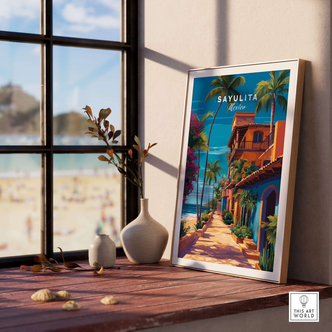 Sayulita Print | Vibrant Mexican Wall Decor, showcasing lively coastal scenes and vibrant colors in a stylish interior.