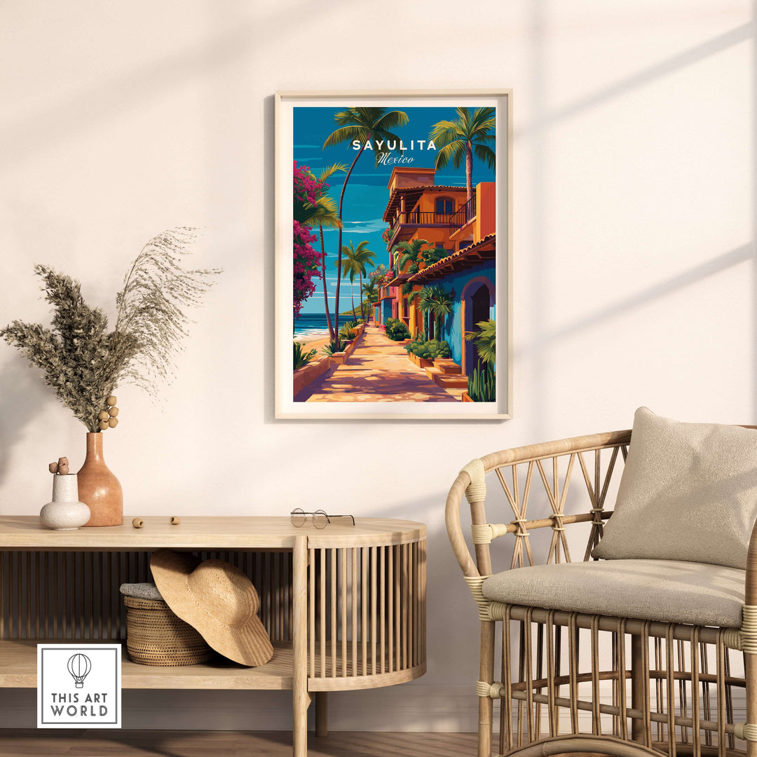 Sayulita Print | Vibrant Mexican Wall Decor displayed in a bright living space with coastal charm.