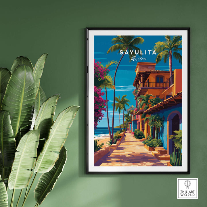 Sayulita Print | Vibrant Mexican Wall Decor showcasing colorful coastal scenery in a framed design.