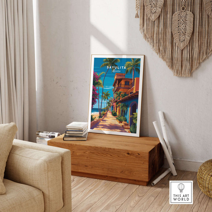 Sayulita Print | Vibrant Mexican Wall Decor displayed in a cozy living room, enhancing the vibrant atmosphere of the space.