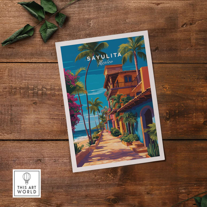 Sayulita Print | Vibrant Mexican Wall Decor featuring a colorful coastal scene with vibrant architecture and palm trees.