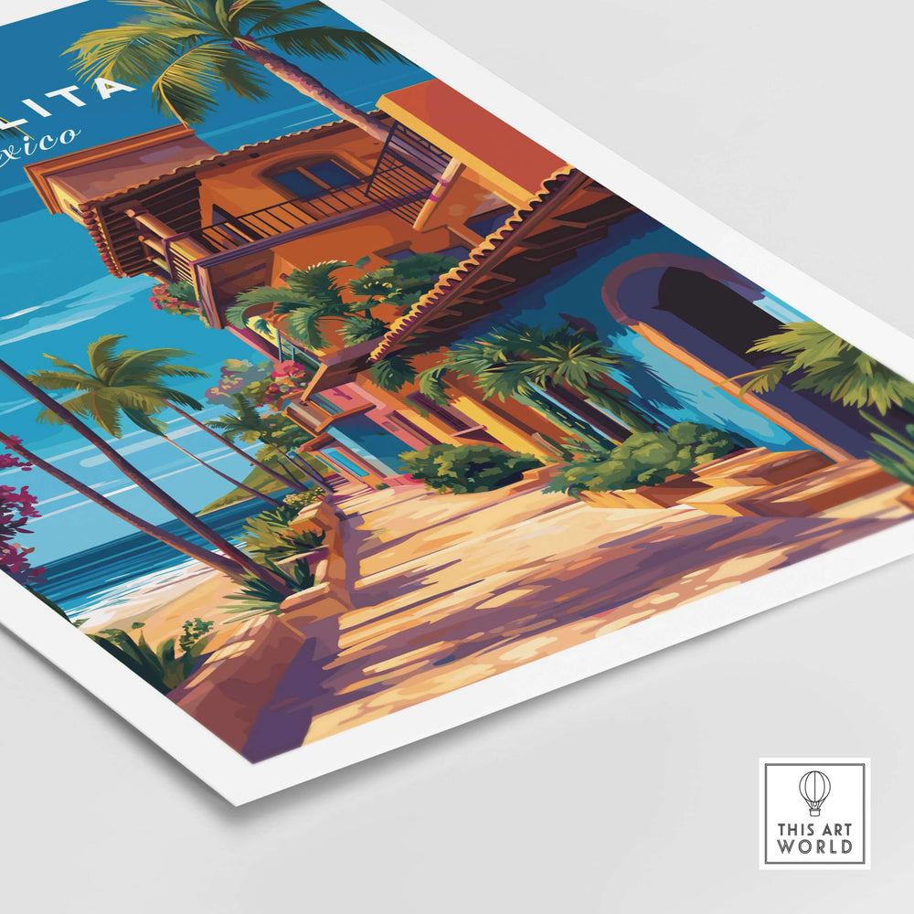 Sayulita Print | Vibrant Mexican Wall Decor featuring colorful coastal buildings and palm trees.