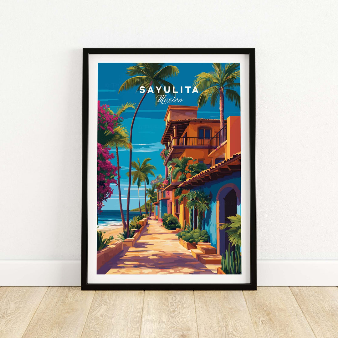 Sayulita Print | Vibrant Mexican Wall Decor showcasing colorful buildings and palm trees in a coastal setting.