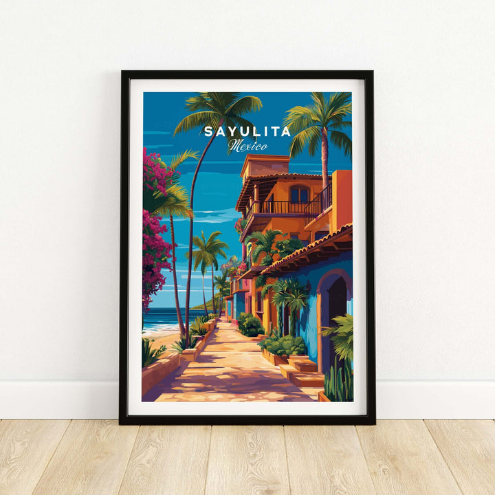 Sayulita Print | Vibrant Mexican Wall Decor featuring a colorful scene of Sayulita with palm trees and vibrant buildings.