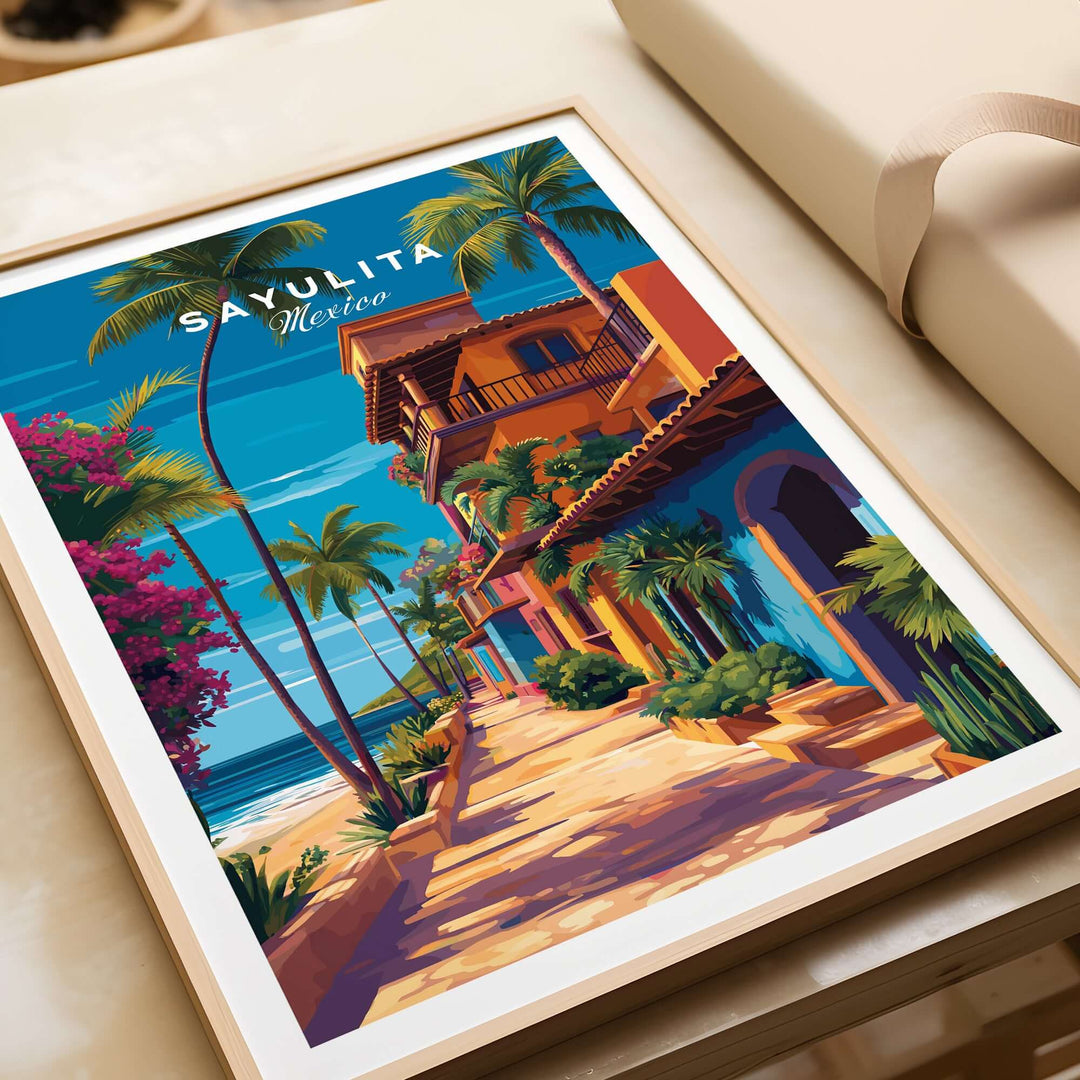 Sayulita Print | Vibrant Mexican Wall Decor showcasing colorful buildings and palm trees under a bright blue sky.