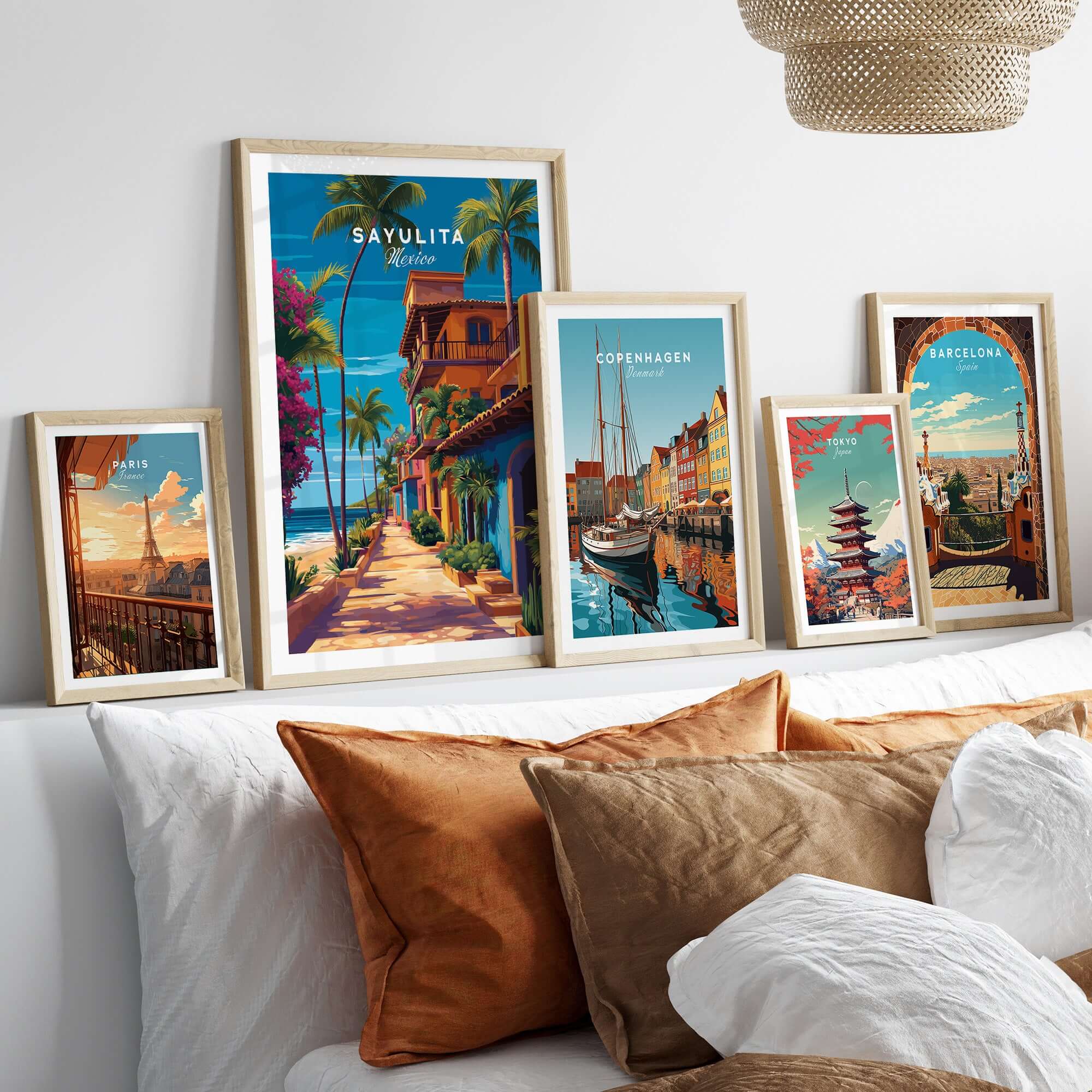 Sayulita Print | Vibrant Mexican Wall Decor displayed in stylish frames on a cozy sofa backdrop.