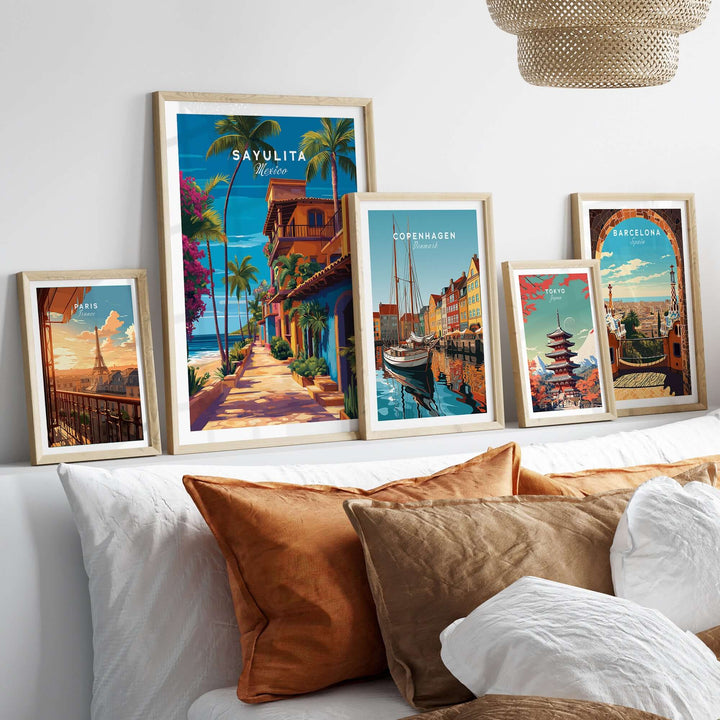 Sayulita Print | Vibrant Mexican Wall Decor displayed in stylish frames on a cozy sofa backdrop.