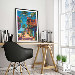 Sayulita Print | Vibrant Mexican Wall Decor displayed in a stylish workspace with a black chair and sunlit window.