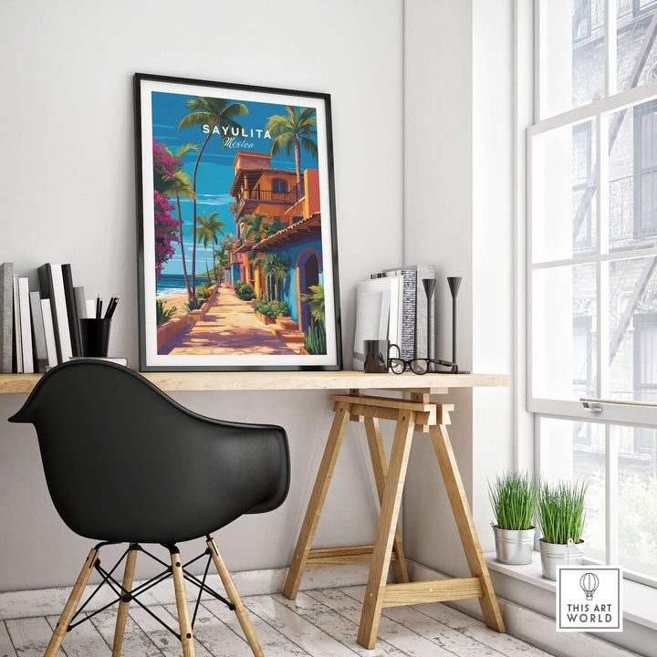 Sayulita Print | Vibrant Mexican Wall Decor displayed in a stylish workspace with a black chair and sunlit window.